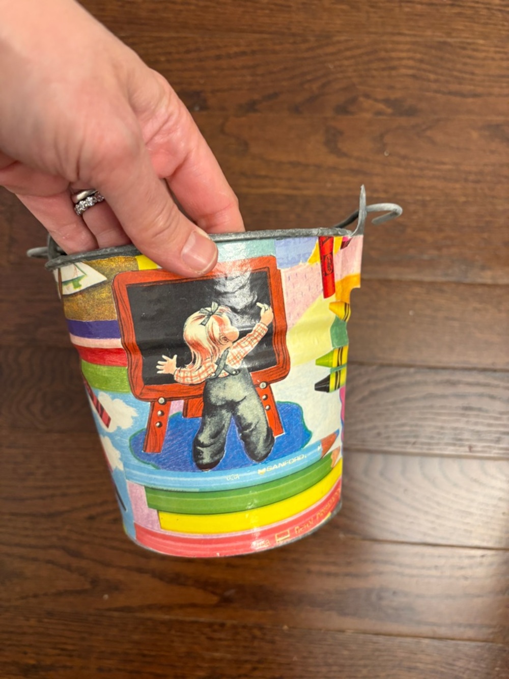 Colorful Decoupage Bucket - Vintage Children's Theme